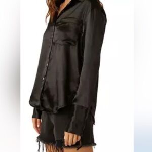Free People Black Satin Button Down Shirt